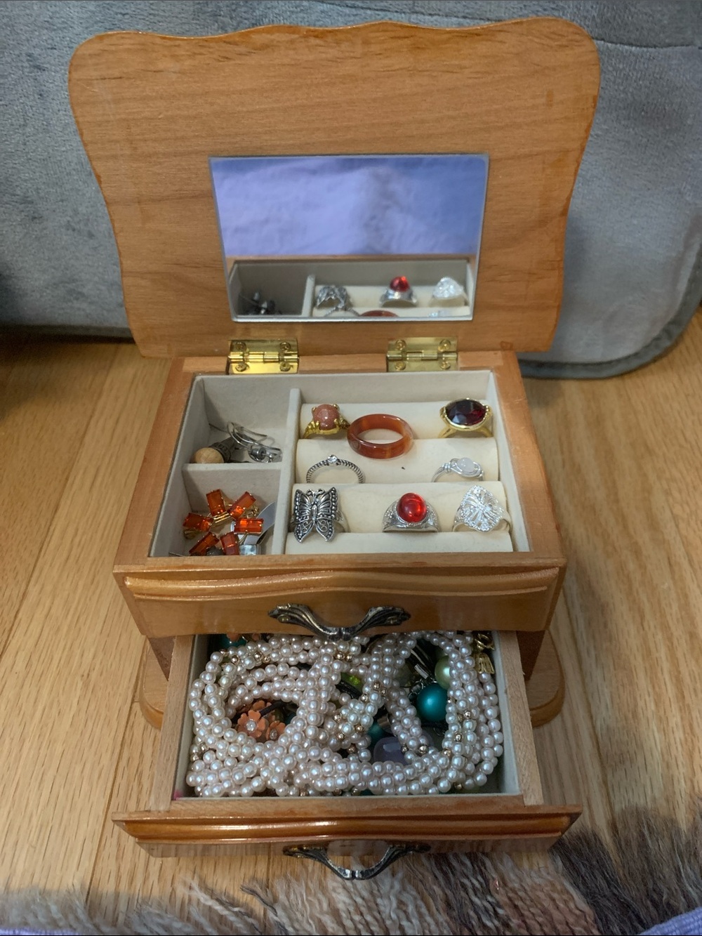 Vintage Wooden Jewelry Box Filled with Jewelry